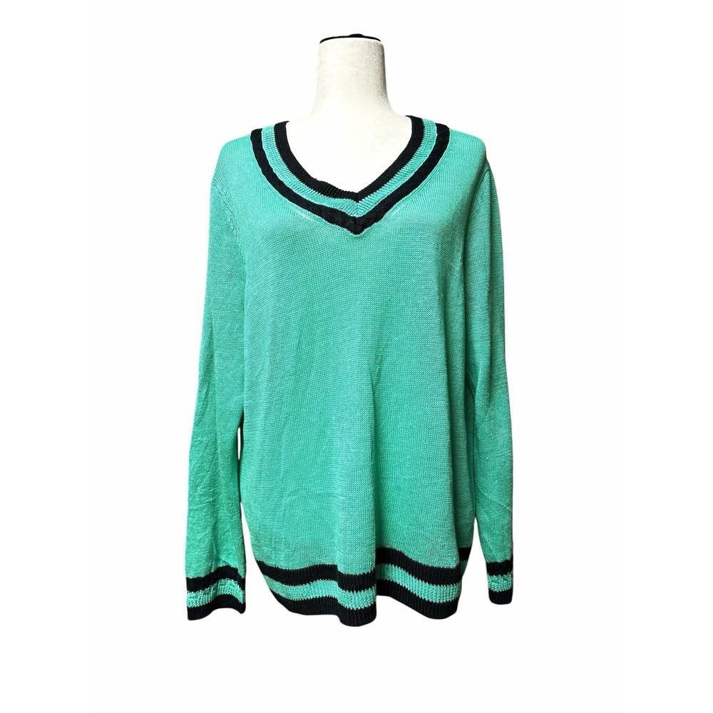 Talbots Womens XL Linen V-Neck Sweater Mint Green Blue Striped Knit Pullover NEW